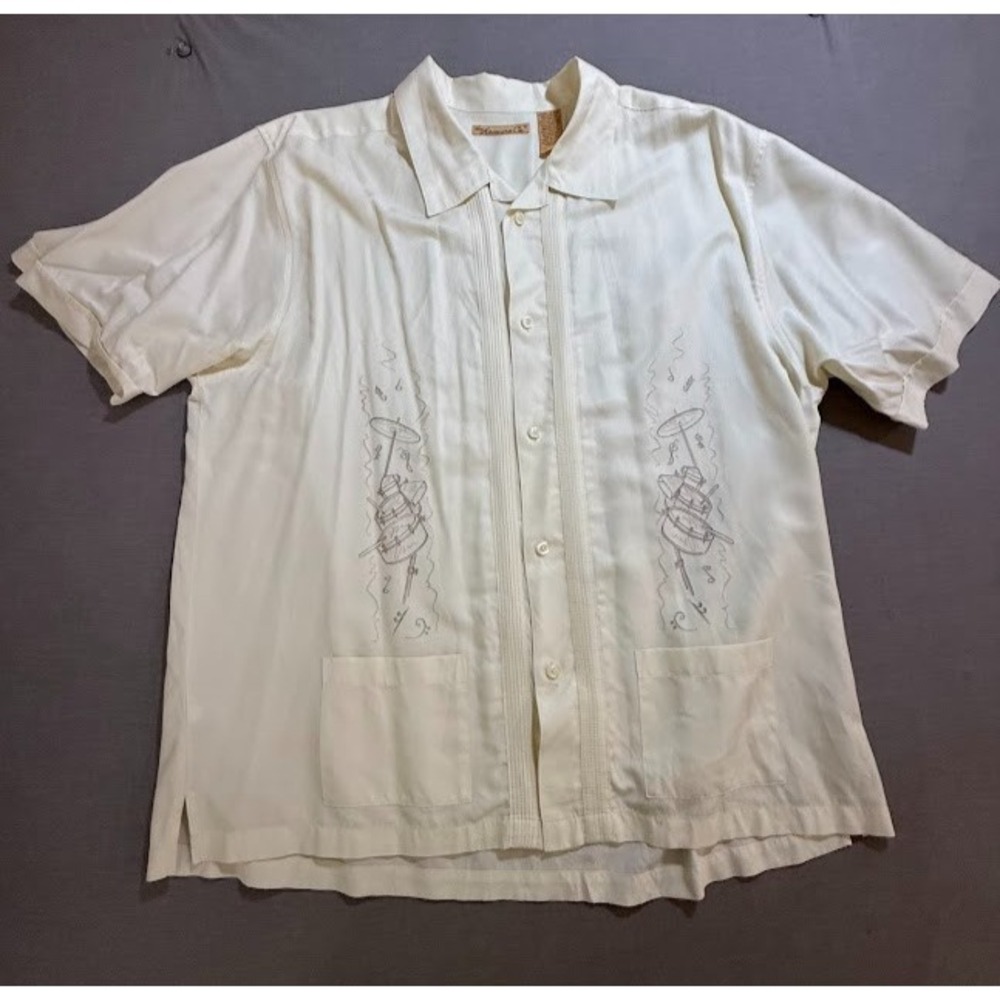 The Havanera Co. Drums‎ Guayabera Shirt Adult 2XL White Button Up Short Sleeve.